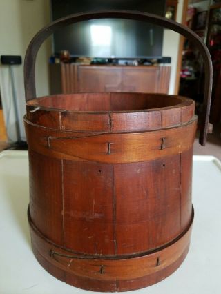 Antique Wood And Wooden Strap Firkin,  Paint,  Sugar Bucket And Wood Handle