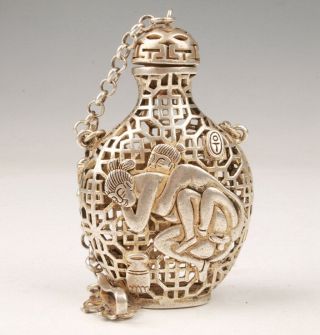 Tibetan Silver Handmade Hollowed Carving Male Female Snuff Bottle Art Pendant