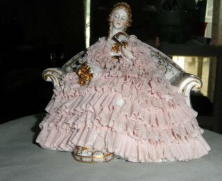 Stunning Dresden Lace Seated Lady On Sofa Porcelain Figurine