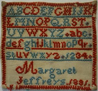 Very Small Late 19th Century Alphabet Sampler By Margaret Jeffreys - 1881