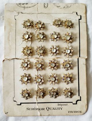 Set/24 Antique French Button Enamel Flower Paste Buttons Nos On Card