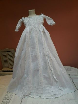 Antique Christening Gown Dress Embroidery Pin Tucks White Cotton Baby Doll Vinta