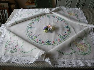 Vintage Hand Embroidered Tablecloth/ Exquisite Crinoline Ladies & Flower Circle