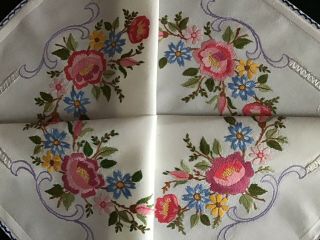 Gorgeous Vintage Hand Embroidered Tablecloth Florals