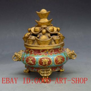 Chinese Antiques Brass Handwork Cloisonne & Gold Ingot Incense Burner L19