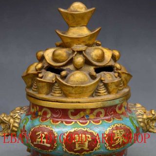 Chinese Antiques Brass Handwork Cloisonne & Gold Ingot Incense Burner L19 2