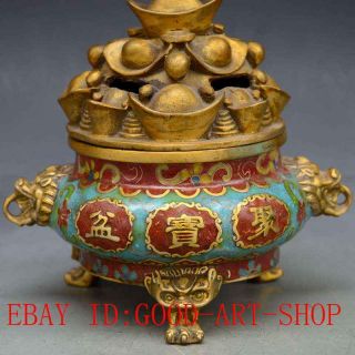 Chinese Antiques Brass Handwork Cloisonne & Gold Ingot Incense Burner L19 3