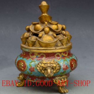 Chinese Antiques Brass Handwork Cloisonne & Gold Ingot Incense Burner L19 4