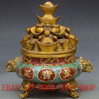 Chinese Antiques Brass Handwork Cloisonne & Gold Ingot Incense Burner L19 5