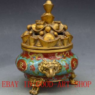Chinese Antiques Brass Handwork Cloisonne & Gold Ingot Incense Burner L19 6