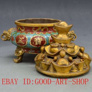 Chinese Antiques Brass Handwork Cloisonne & Gold Ingot Incense Burner L19 7