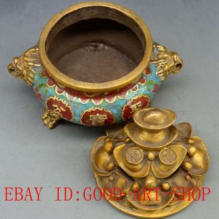 Chinese Antiques Brass Handwork Cloisonne & Gold Ingot Incense Burner L19 8