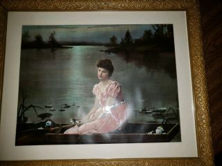 Antique Frame With Print Of Girl On Lake From The 50s