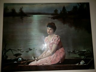 Antique Frame With Print Of Girl On Lake From The 50s 2