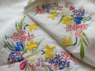Vintage Hand Embroidered Linen Tablecloth 51 " X49 " - Spring Flowers