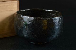 G9742:japanese Raku - Ware Black Glaze Tea Bowl Green Tea Tool,  Auto W/signed Box