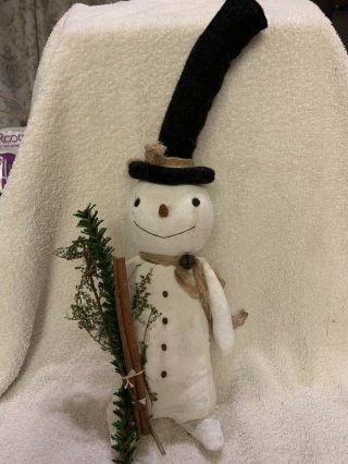Primitive Handmade Winter Christmas Snowman Doll With Top Hat Folk Art 15”