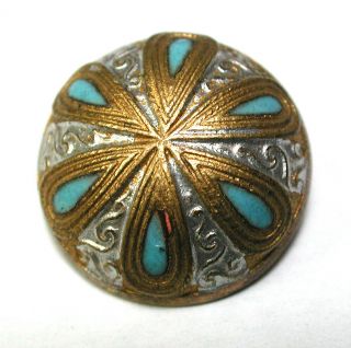 Antique Brass Dome Button W/ Turquoise Enamel & Silver Paint Accents - 11/16 "