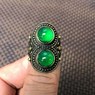 Old Chinese Brass & Green Jadeite Jade Handwork Double Bead Rare No.  8 - 12 Ring