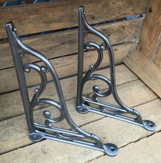 Pair Pewter 10 " X 7 " Antique Heavy Cast Iron Victorian Shelf Brackets - Br27px2
