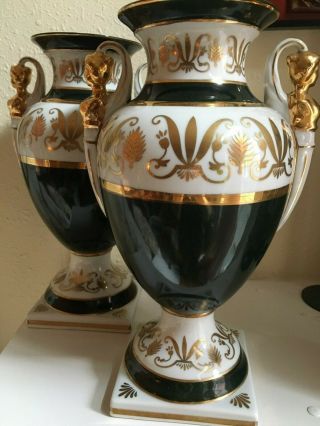 Striking Pair Vintage Porcelain Vases.  Classical Style.  12.  5  H Green,  White,  Gold