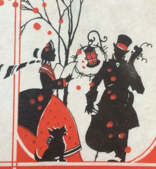 Vintage Deco Christmas Card 1920s Silhouettes Terrier Bonnet