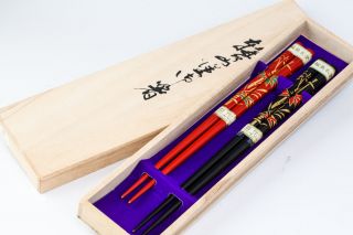 Wajima Urushi Lacquered 2 Set Of Chopsticks Made In Japan W/box 8670