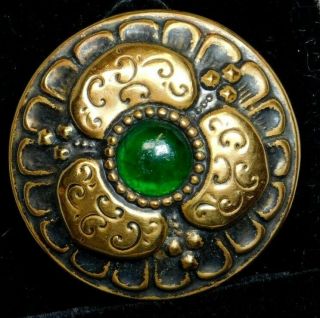 Large Antique Vtg Button Victorian Green Glass Jewel In Brass 1&7/16 M5