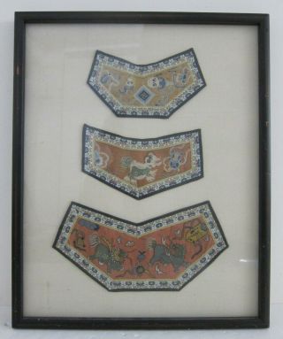 Chinese Qing Dynasty 3 Antique Hand Embroidered Silk Costume Robe Fragment 15x19