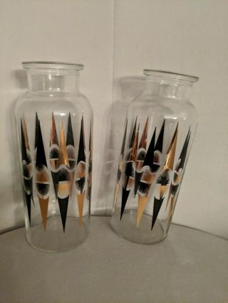 Set Of 2 Mid Century Modern Glass Apothecary Jars Black & Gold Darts Vintage