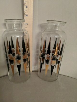 Set of 2 Mid Century Modern Glass Apothecary Jars Black & Gold Darts Vintage 2