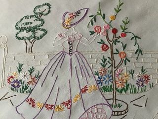 Pretty Vintage Hand Embroidered Tablecloth Crinoline Ladies/walled Garden