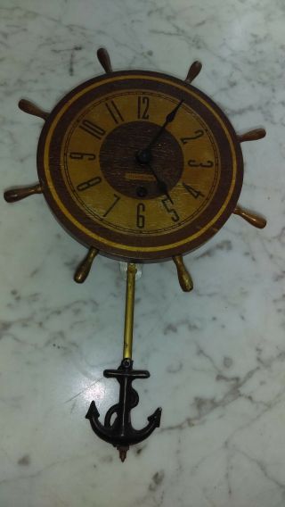 Vintage Plymouth Ship ' s Wheel Ship Nautical clock anchor pendulum - - 2