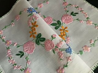 Vintage Linen Hand Embroidered Tray Cloth Pink Roses