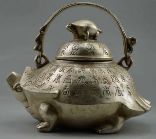 Collectible Decorated Old Handwork Tibet Silver Carved Tortoise Big Tea Pot Nr