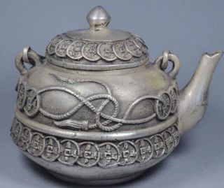 Old Ancient Collectable Miao Silver Carve Fortune C0ins Toad Lid Special Tea Pot