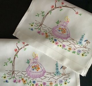 Pair Vintage Linen Hand Embroidered Chair Back Covers Crinoline Lady/florals