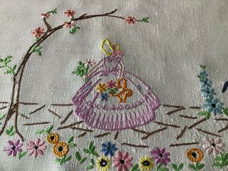 PAIR VINTAGE LINEN HAND EMBROIDERED CHAIR BACK COVERS CRINOLINE LADY/FLORALS 2
