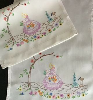 PAIR VINTAGE LINEN HAND EMBROIDERED CHAIR BACK COVERS CRINOLINE LADY/FLORALS 3