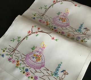 PAIR VINTAGE LINEN HAND EMBROIDERED CHAIR BACK COVERS CRINOLINE LADY/FLORALS 4