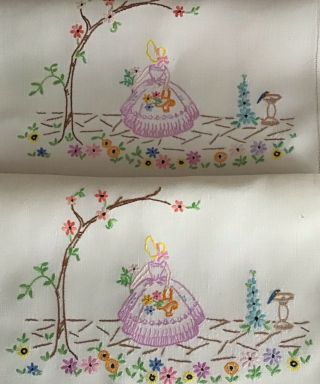 PAIR VINTAGE LINEN HAND EMBROIDERED CHAIR BACK COVERS CRINOLINE LADY/FLORALS 5