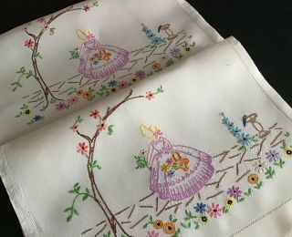 PAIR VINTAGE LINEN HAND EMBROIDERED CHAIR BACK COVERS CRINOLINE LADY/FLORALS 7