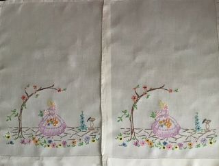 PAIR VINTAGE LINEN HAND EMBROIDERED CHAIR BACK COVERS CRINOLINE LADY/FLORALS 8