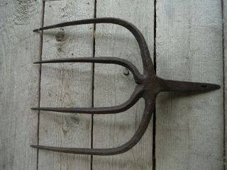 Antique Hand - Forged Cast Iron Pitchfork Hay Fork,  Unique Form - Upstate NY find 3