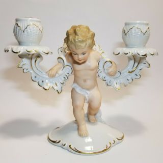 Gorgeous German Wallendorf Porcelain Putti Cherub Candle Holder Candelabra Wow