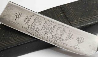 C.  1898 Straight Razor W/ Admiral Dewey & Gen.  Otis Etched On Blade -