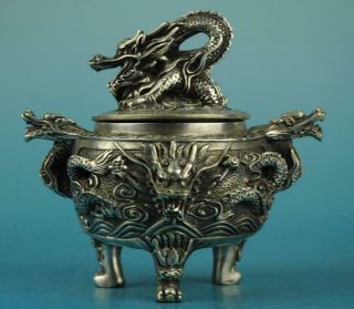 Old China Cooper - Plating Silver Dragon Three Foot Censer /qianlong Mark E01