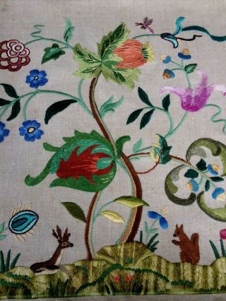 Stunning Vintage Raised Hand Embroidered Panel Tree Of Life Woodland Animals