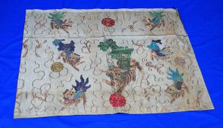Large Antique Chinese Hand Embroidered Foo Lions Tapestry Panel 29 " X 72 " Qing