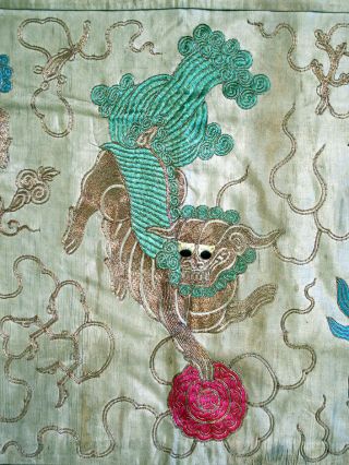 Large Antique Chinese Hand Embroidered Foo Lions Tapestry Panel 29 